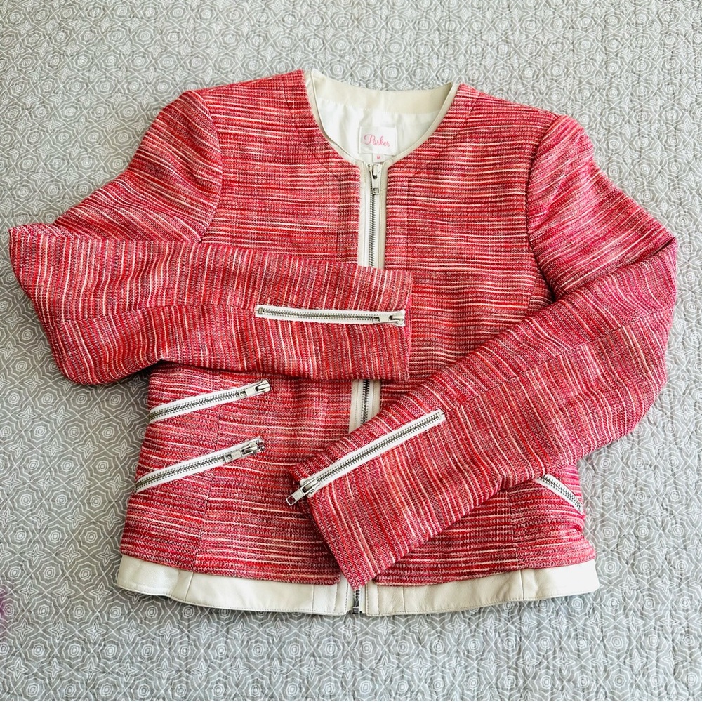 Parker Tweed Blazer Moto Jacket Leather Trim Zippers Red Cream Size M